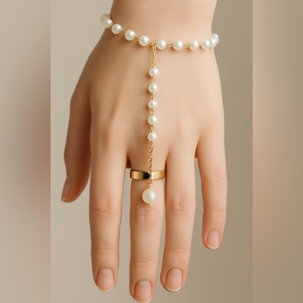 Gold Hand Chain Bracelet with Pearls –Dainty Finger Bracelet Slave Chain Jewelry